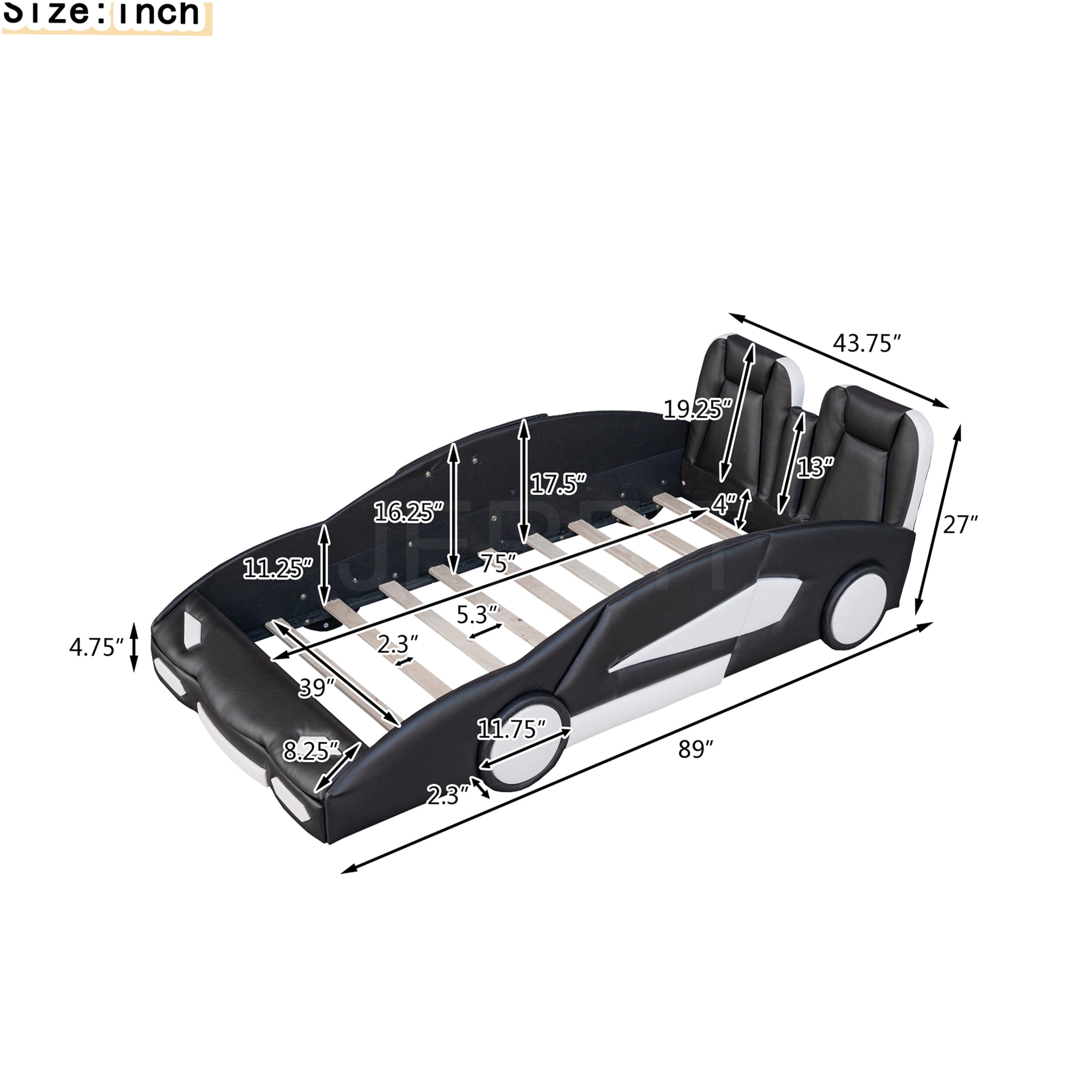 JERFIT Twin Size Race Car Platform Bed with Wheels, Black, Pine Wood Frame, No Box Spring Needed