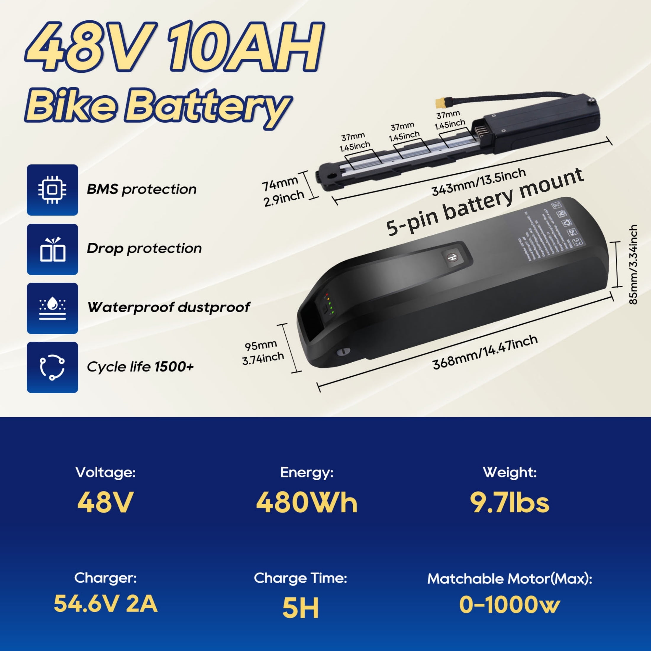 48v 10ah Ebike Battery 5-Pins Mount 1000W 48v Lithium Ion Battery for Electric Bike