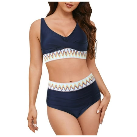 2DXuixsh 2Pcs Women s Bathing Suit Two Piece Swimsuits Swim Tank Top Boyshorts High Waisted Bikini Set Sexy Push up Vintage Swimsuit Retro Ruched Swimwear Dark Blue Size L