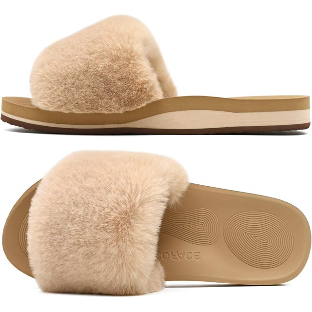 Womens Slides Fuzzy Slippers Open Toe Fluff Slippers With Arch Support Plantar Fasciitis Orthotic Slippers Women House Shoes