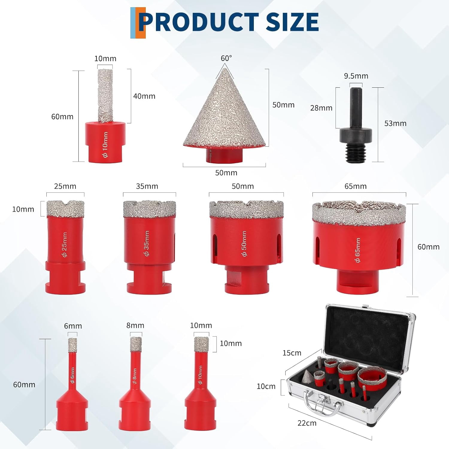 QinaQin 10Pcs Tile Hole Saw Kit,Diamond Hole Saw Kit with 6/8/10/25/35/50/65mm Tile Drill Bits for Ceramic,Tiles,Marble and More Drilling,Red