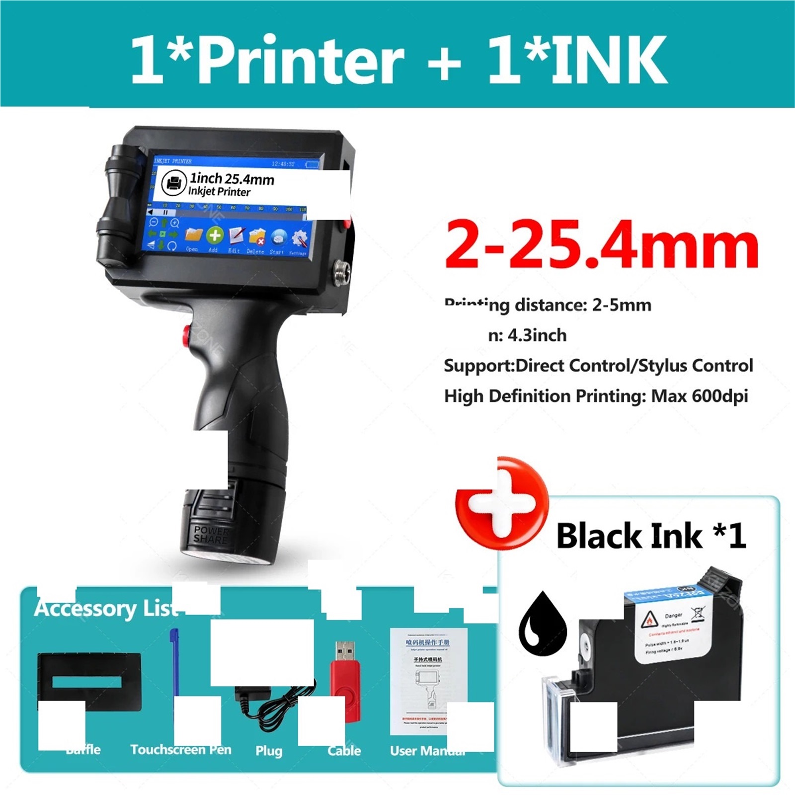 25.4MM Printing Height Expiry Date Label Coding Portable Thermal Inkjet Printer With Color Cartridge Ink