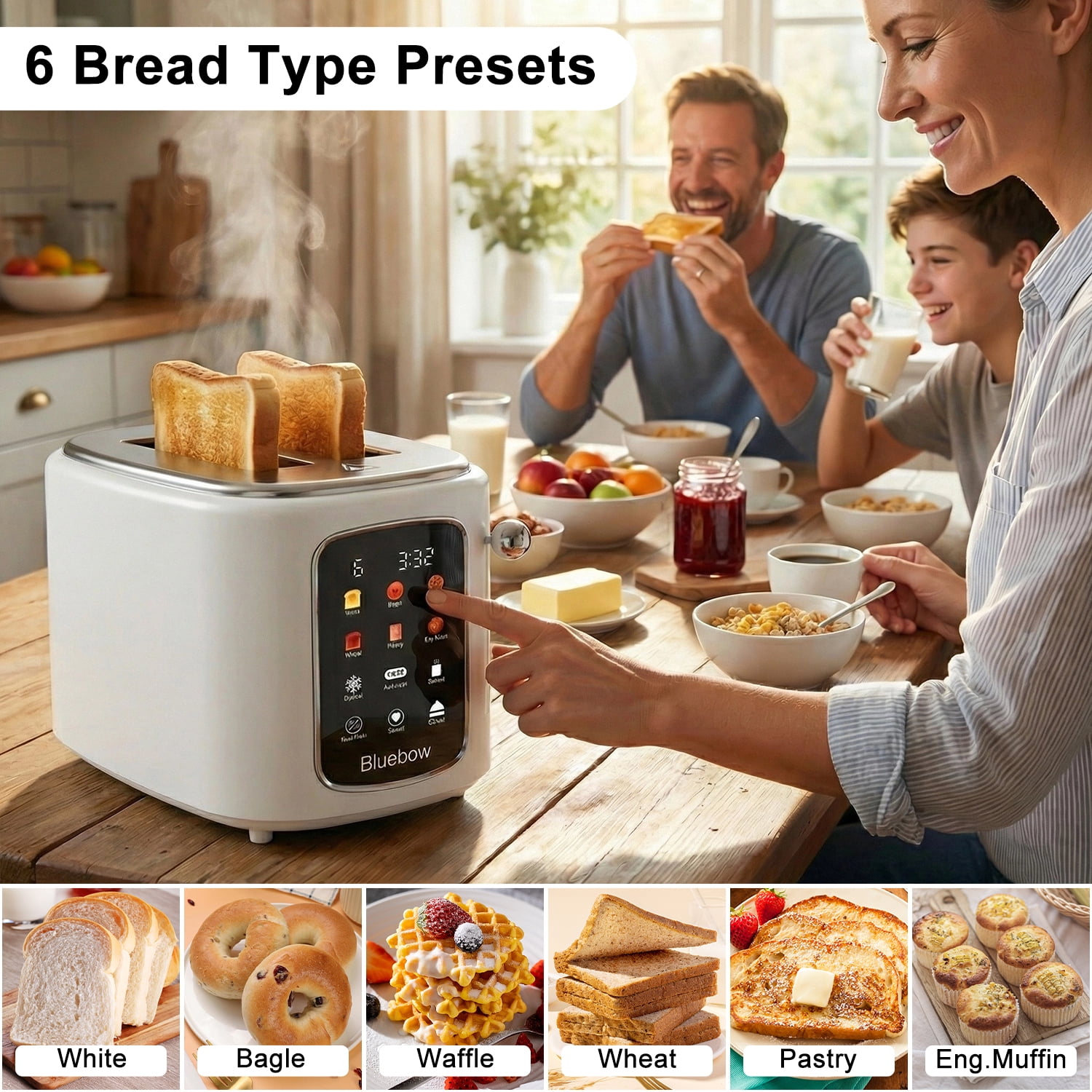 Bluebow 2-Slice Toaster, 1.5" Wide Slots, Touchscreen with 6 Bread Types & Shade Settings, Reheat, Defrost, Saved, Removable Tray, White