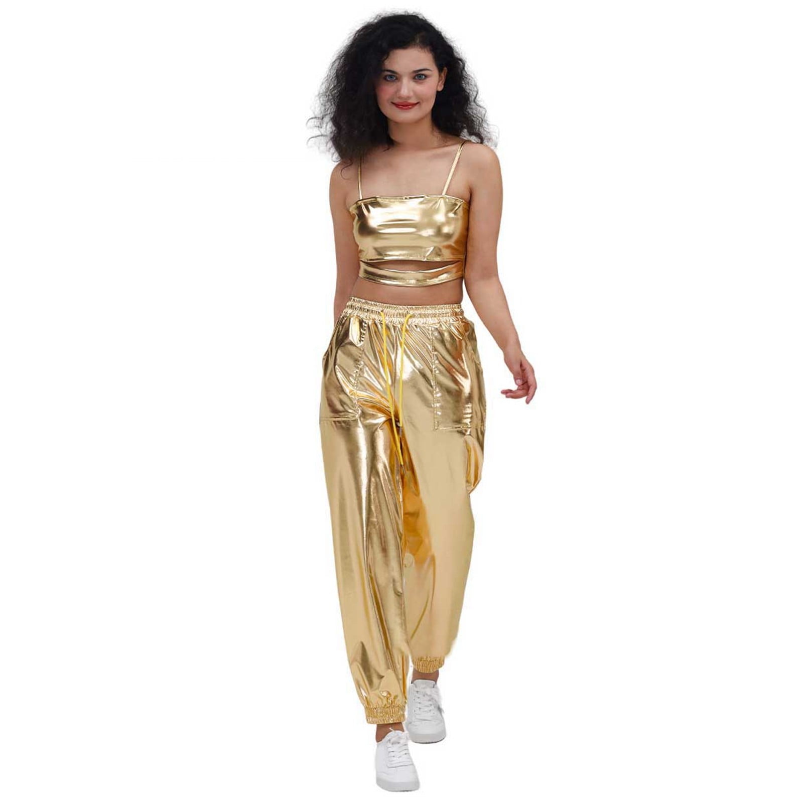 Wovix Womens Shiny Metallic High Waist Stretchy Jogger Pants Wet Look Hop Club Wear Holographic Trousers Casual Sweatpant Trendy Streetwear Party Show