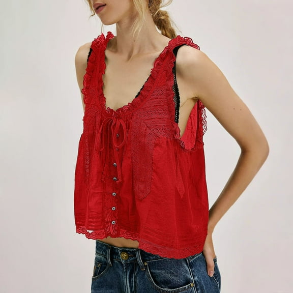 Red Womens Blouses Women Sleeveless Lace Tank Tops Vacation Front Tie Mesh Chiffon Tops Ladies Tops and Blouses