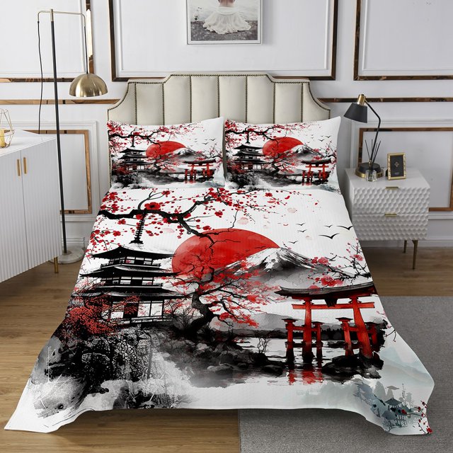 Erosebridal Red Sun Coverlet Set Queen, Flower Tree Bedding Set, Mount Fuji Room Decor 3-Piece