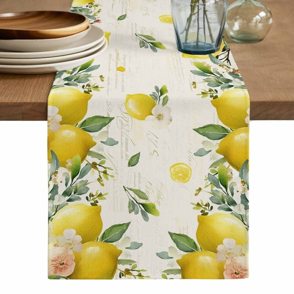 Vintage Lemon Table Runner, Summer Fruit Rustic Botanical Floral Washable Cotton Linen Table Runners 60 Inches Long, Dresser Scarf Runner for Coffee/TV Stands/Kitchen/Cabinets 13''x60''