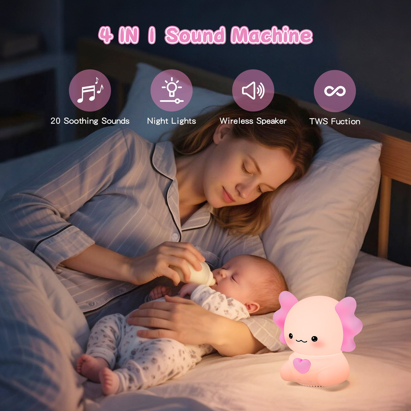Axolotl Night Light with Sound Machine, Pink Silicone Touch Lamp, Wireless Speaker, Remote Control, Soft Touch, Baby Room Lamp