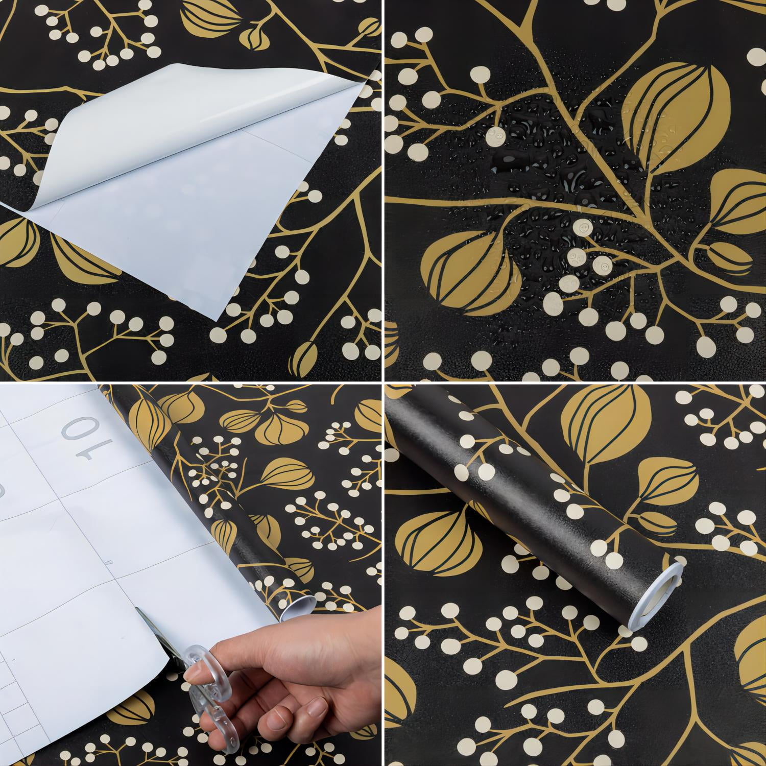 Abyssaly Black Peel and Stick Wallpaper 17.7" x 118" Self-Adhesive Floral Wallpaper Vintage Wallpaper Removable Wallpaper Covering for Home Decoration Bedroom Kitchen Closets
