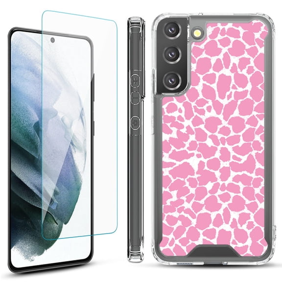 Shockproof Bumper Phone Case for Samsung Galaxy S22  / S22 Plus 5G, with Tempered Glass Screen Protector, by OneToughShield ® - Giraffe/Pink