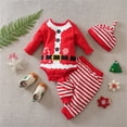 thumbnail image 2 of VNKIDY Girls Boys Outfits Infant Christmas Outfit Set Santa Elf Themed Red Onesie With Striped Pants Knotted Hat Cotton Baby Loungewear For Festive Holiday Home Wear Lovely Set, 2 of 3