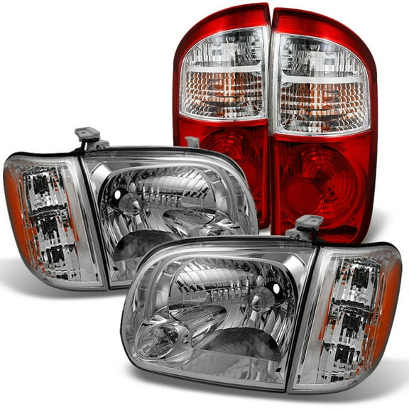 AKKON - For 2005 Toyota Tundra Double | Crew Cab Model Headlights Head Lamps Pair   Red Clear Tail Lights Pair