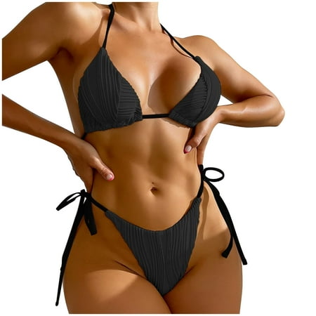 Fesfesfes Women Sexy Bikini Set Solid Color Bathingsuit Halter Neck Swimsuit Bikini Set High Waist Cut Lace Up Beachwear Set Sale on Clearance