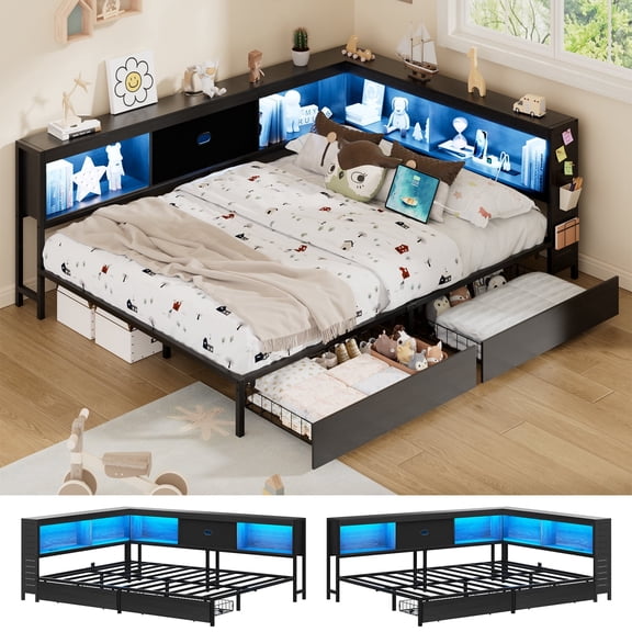 Lusimo Full Corner Bed Frame with Bookcase Storage and LED Lights & Charging Station, Metal Platform Bed Frame with Storage Drawers Underneath for Bedroom, Black