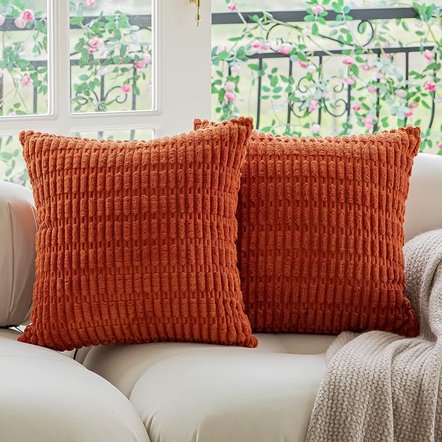 sasyxdc Kevin Textile Pack of 2 Corduroy Decorative Throw Pillow Covers 18x18 Inch Soft Boho Striped Pillow Covers Modern Farmhouse Home Decor for Spring Sofa Living Room Couch Bed Tan iu