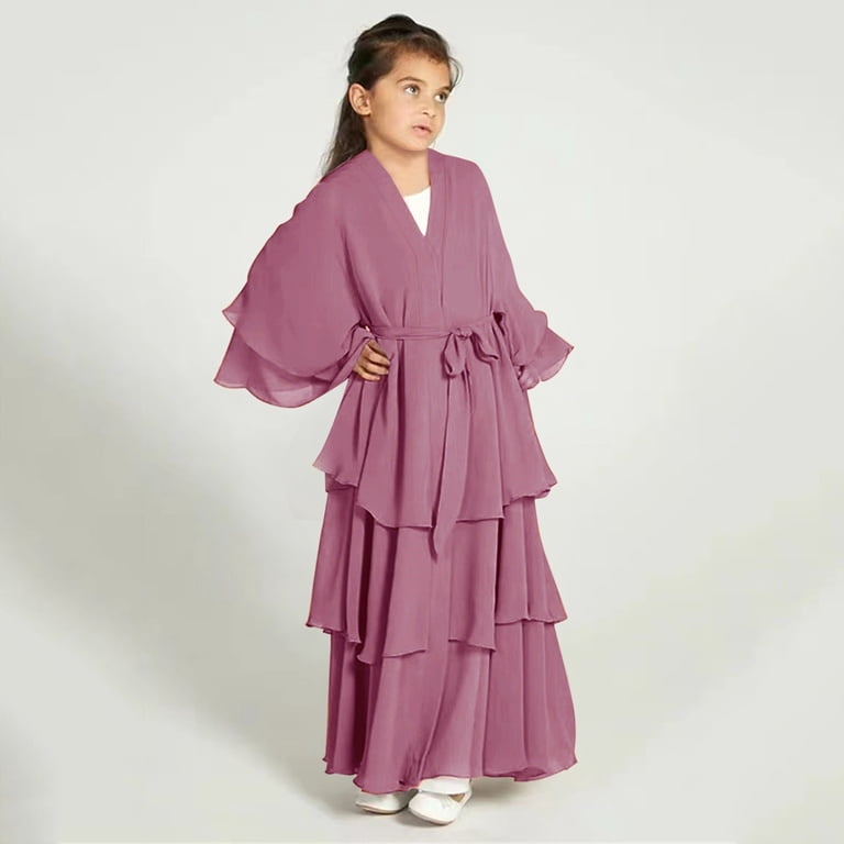 Mercatoo Girls uslim Dress Open Front Cardigan Robe Three-Layered Chiffon Kaftan slamic Abaya imono ubai Maxi Dress