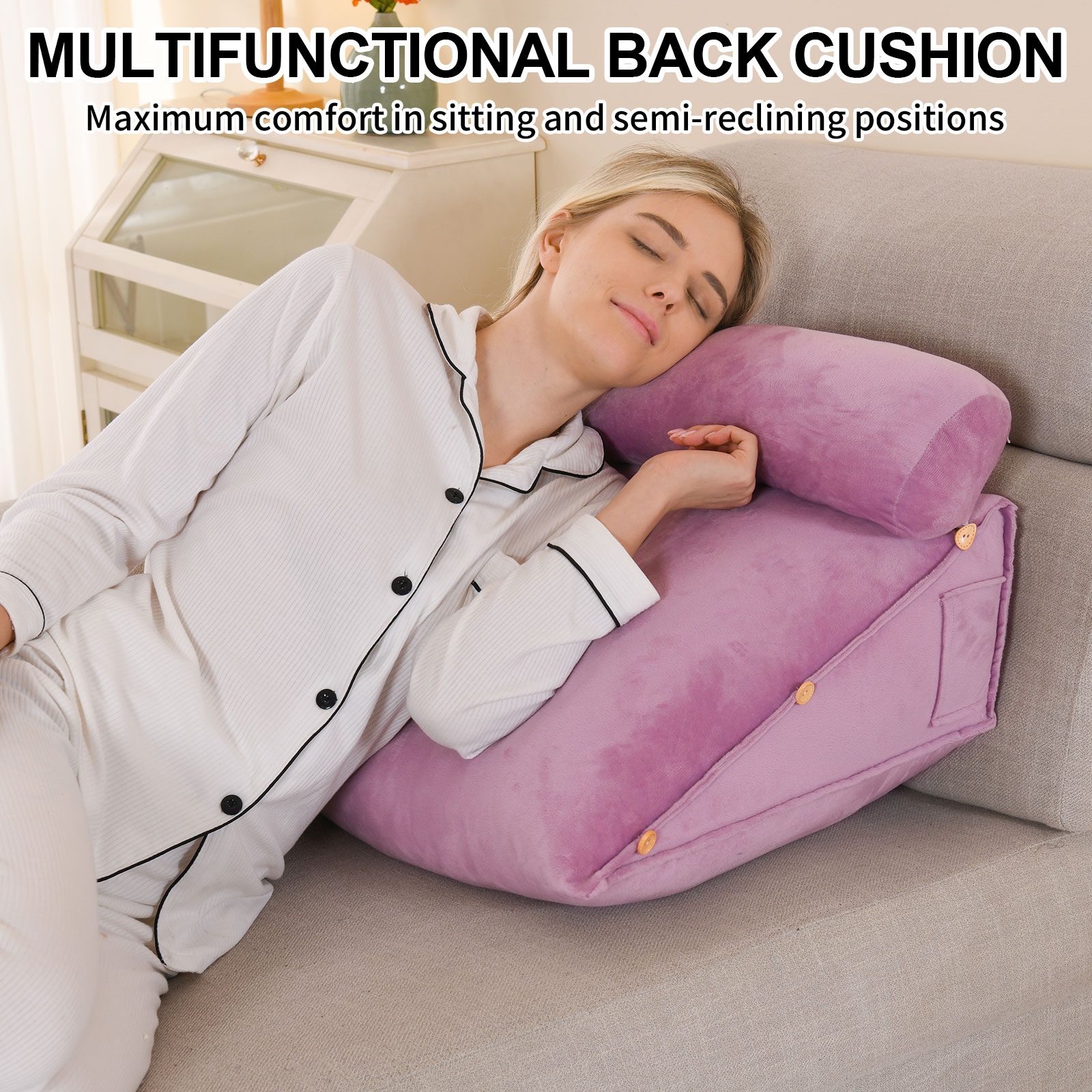 Eurhowing Adjustable Bed Wedge Pillow, Memory Foam Triangular Headboard Pillow with Neck Roll Pillow, Back Support Rest Pillow for Reading & Sleeping, Pink