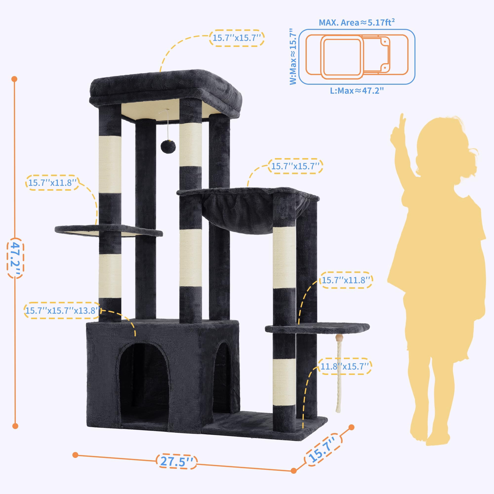 Heavy Duty Cat Tree  Tower For Indoor Cats Large Adult Tall Condo House With Extra-large Baseboard Multi-level Plush Furniture Posts Hammock Balls Smoky Gray Hct026g