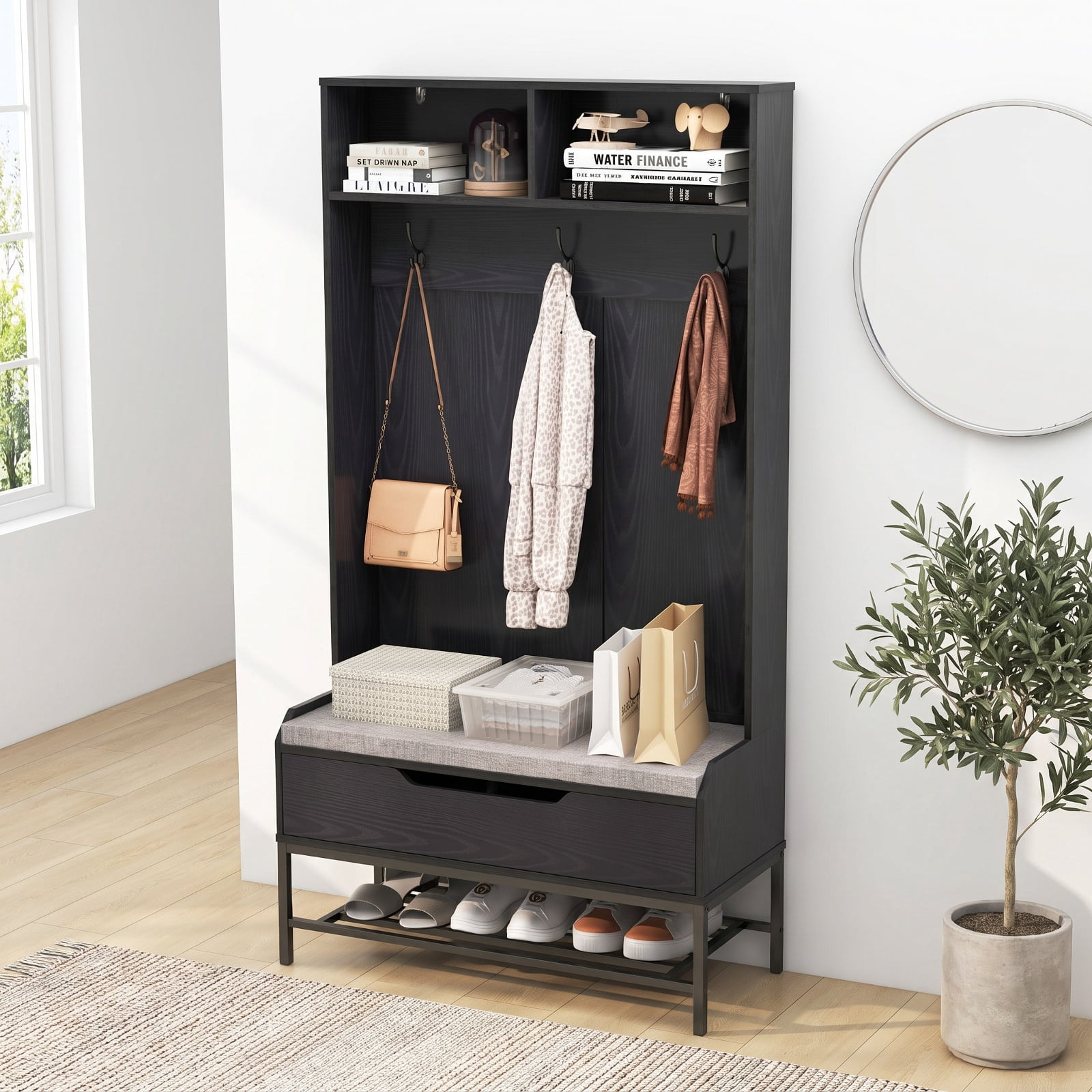 Furnibear 69 Inch Tall Hall Tree 4 in 1 Coat Rack with Cushioned Bench and Shoe Storage and Hooks for Entryway and Foyer, Black