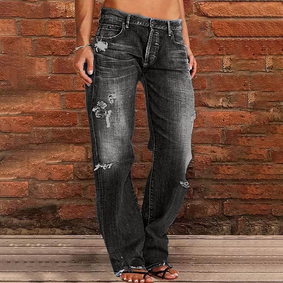 Cagogo Women Straight Mid Rise Ripped Distressed Casual Jeans Long Pants Vacation Loose Fit Denim Trousers Summer Travel Beach Outfits, Gray L2
