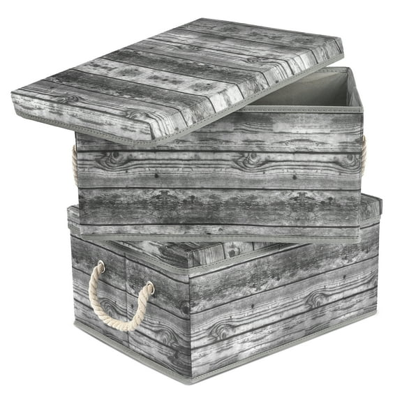 Sorbus Fabric Wooden Pattern Storage Box with Lid - Grey (2 Pack)