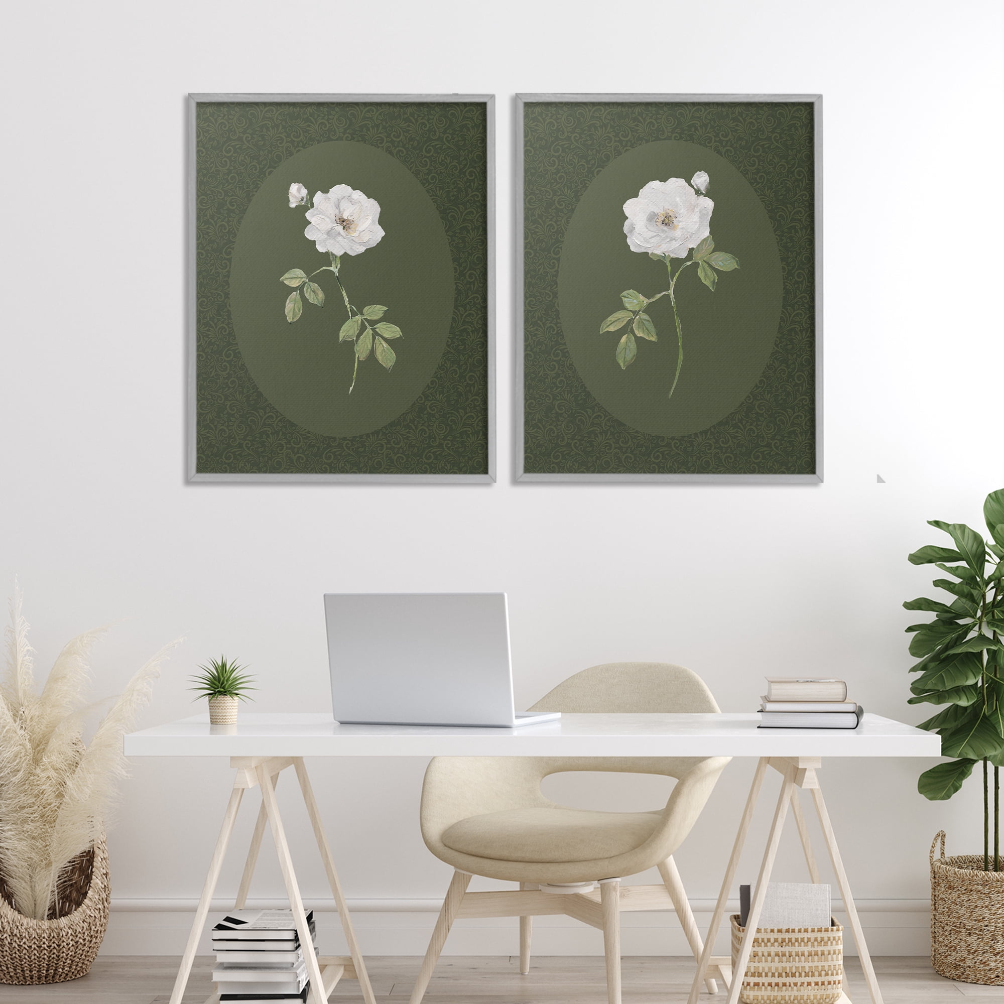 Stupell Industries Ornate Rose Studies over Emerald 2 Piece Gray Framed Giclee Art Set, design by Sally Swatland