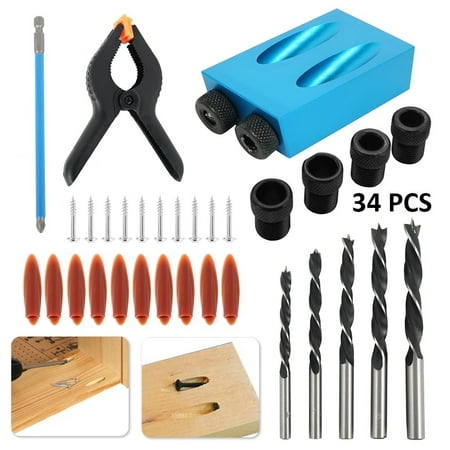 

14/30 / 34PCS Pocket Hole Jig 15 Degree Angle Oblique Hole Locator Drill Bits Hole Jig Clamp Kit for Woodworking