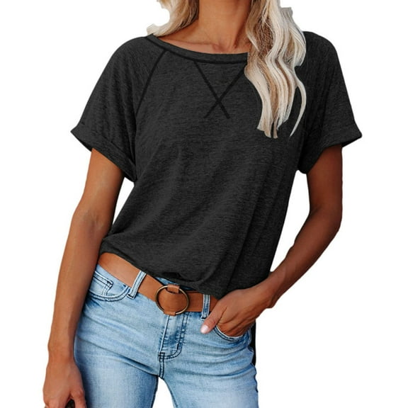 Baqcunre Shirts For Women Fashion Womens Leisure Solid Color Short Sleeve Round Neck Casual Loose Tops Womens Tops Sweatshirt For Women Black L