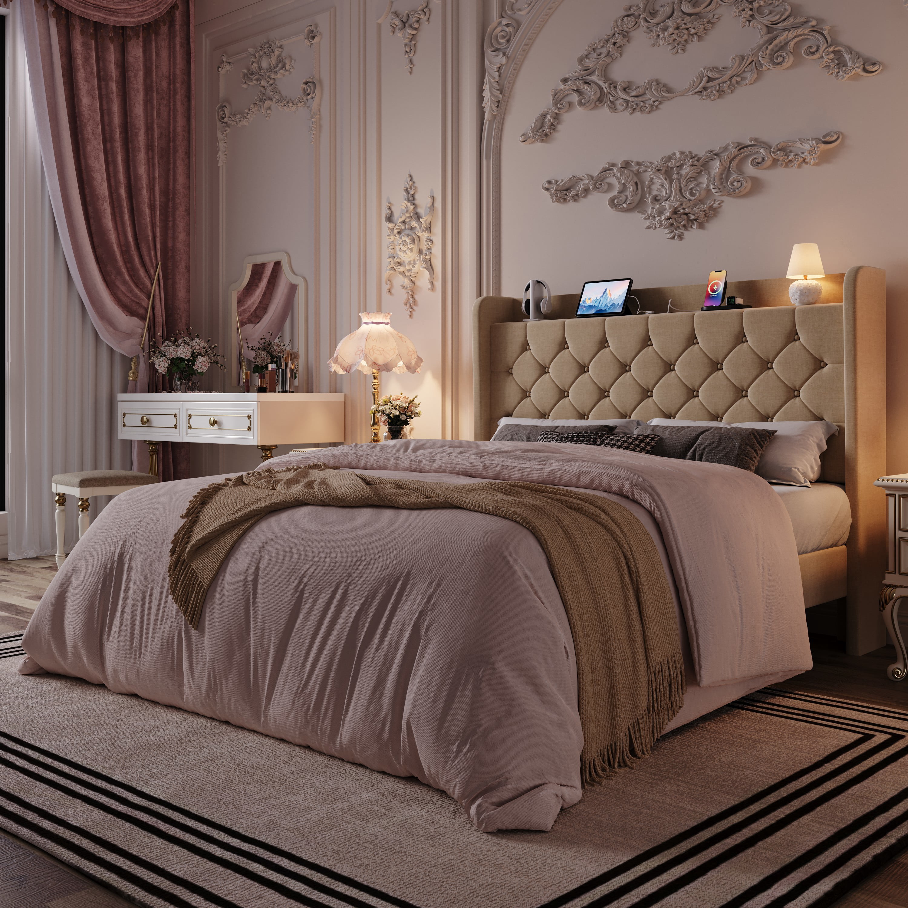 Einfach Full Bed Frame, Upholstered Platform Bed with Storage Wingback Headboard and Fast Charging Hub, No Box Spring Required, Beige