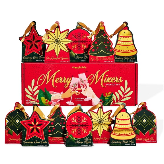 Thoughtfully Mocktail & Cocktail Mixer Set, Flavored Powder Drink Mix, Holiday Ornament Gift Set with Reusable Tree Decorations, 12 pack