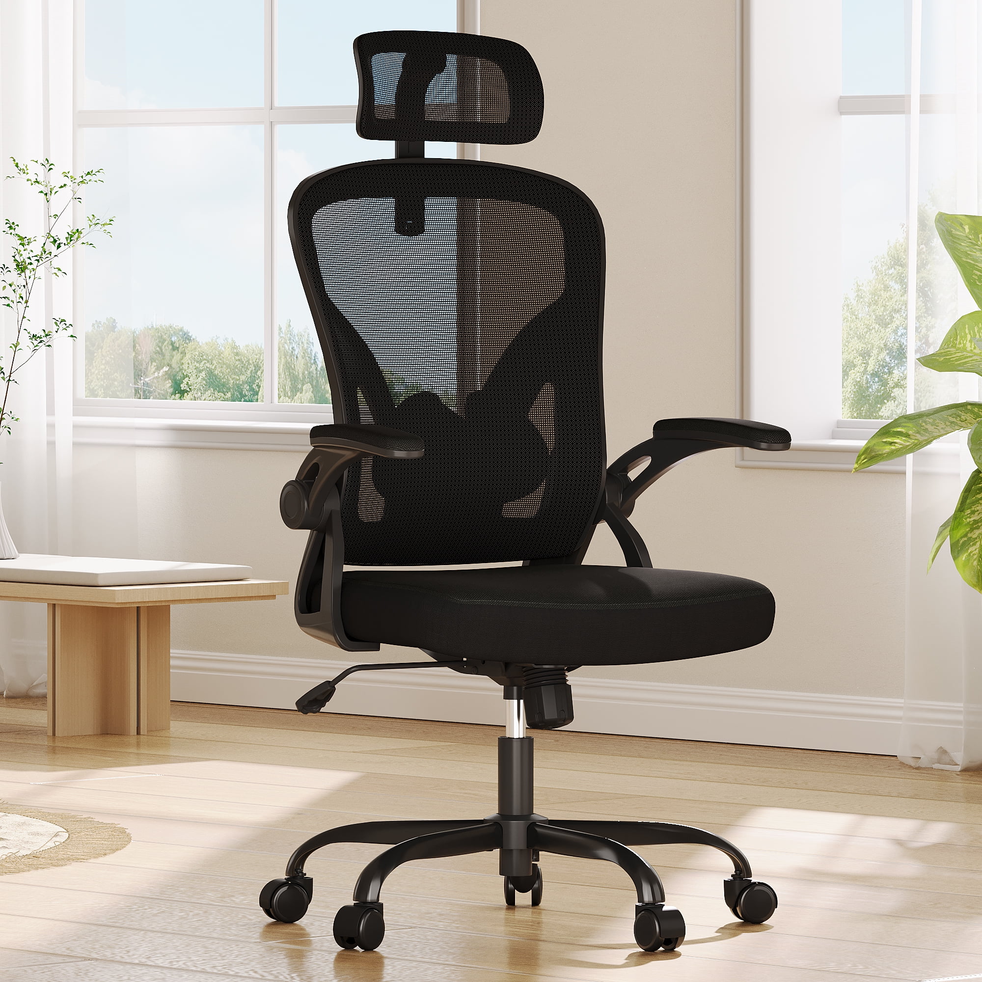 MAYEERTY Ergonomic Home Office Chair with Headrest, Flip-Up Armrests, Adjustable Lumbar Support, Black