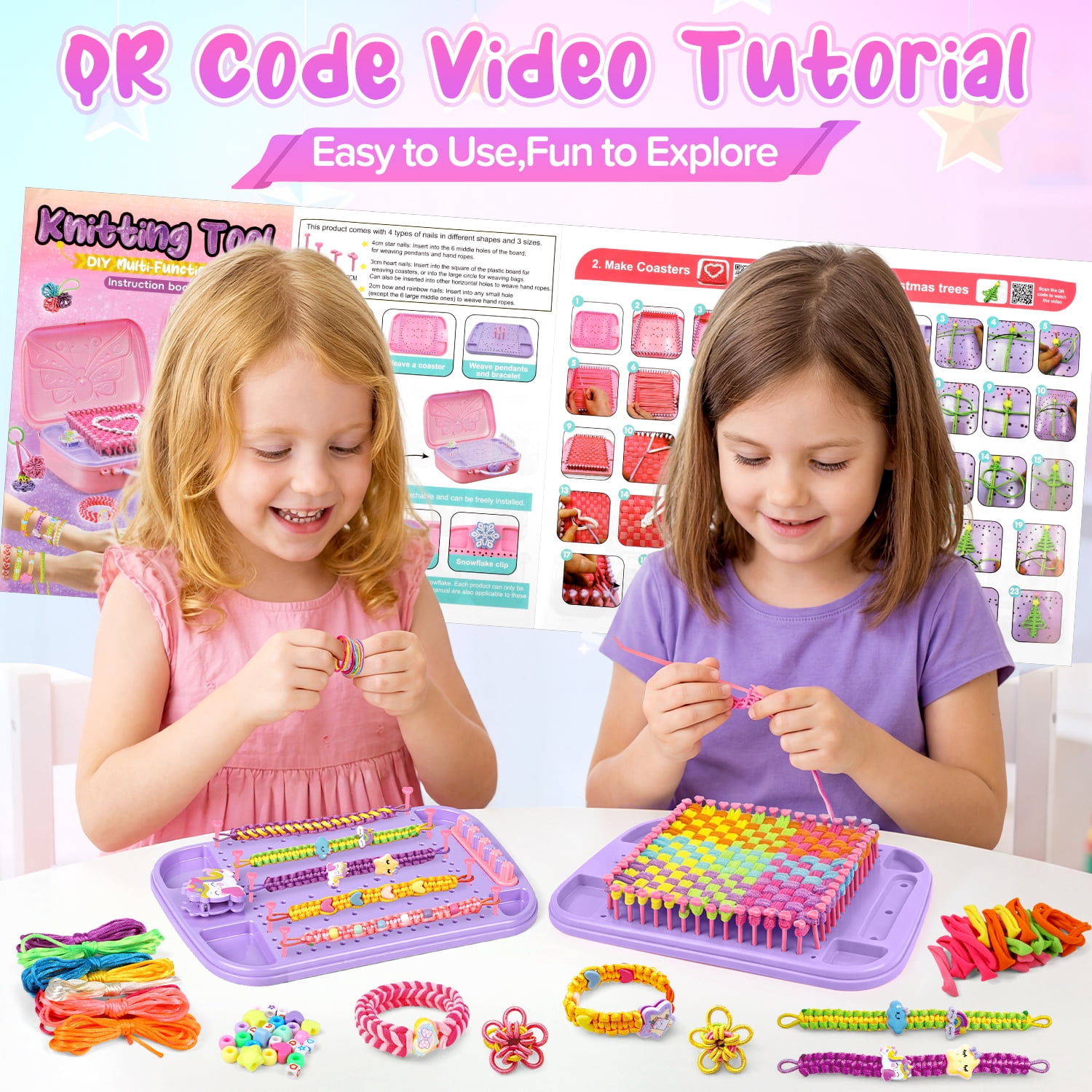 UUSUOO 6-IN-1 Friendship Bracelet Making Kit for Girls,Weaving Loom Kit with 500+ Colorful Ropes,Bands & Beads,DIY Arts and Crafts Kit,Christmas Birthday Gift for Kids Age 6-12,Pink