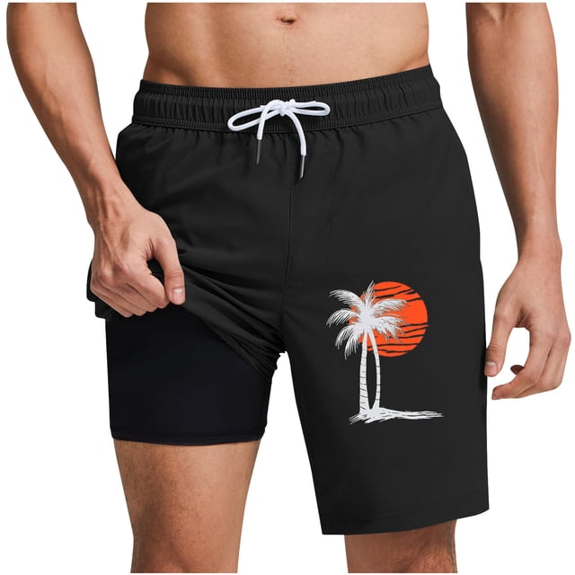 Ceisia Men's Quick Dry 2-in-1 Board Shorts with Palm Tree Print & Elastic Drawstring Waist Gifts