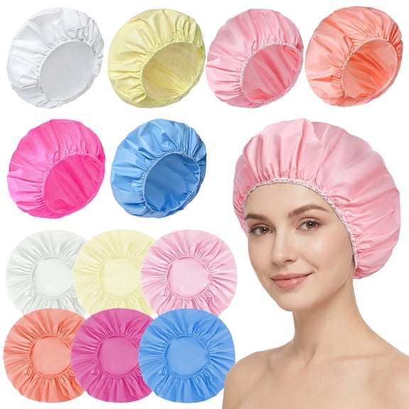 12Pcs Double Layer Waterproof Shower Caps for Women , Reusable Elastic EVA Bath Caps with Candy Colors, Soft & Breathable Hair Protection for Daily Shower Use