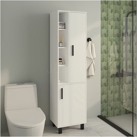 JERFIT 68.1" Tall White Storage Cabinet with 2 Doors & 9 Adjustable Shelves, Freestanding Bathroom Linen Tower Organizer for Bedroom, Living Room, Kitchen