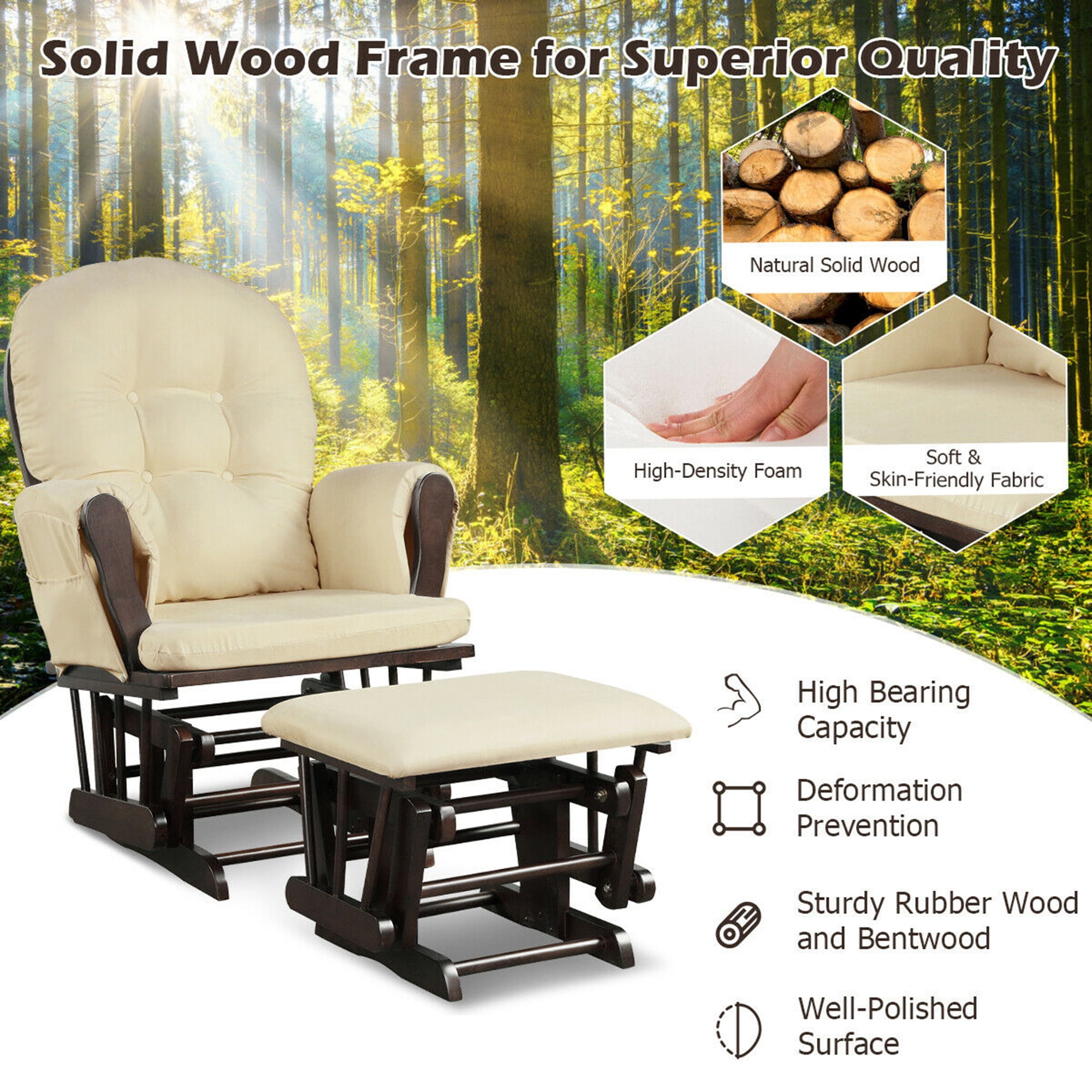 Gymax Wood Baby Nursery Rocking Chair Glider and Ottoman Cushion Set Espresso Finish with Beige Cushions
