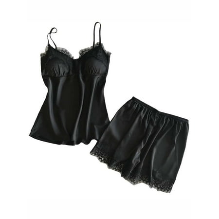 

DYMADE Womens Satin Silk Lace Cami+Shorts Sexy Lingerie 2PCS Sleepwear Pajamas Set