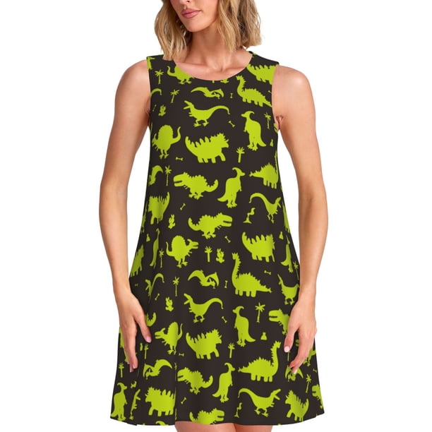 Fotbe Cute Dinosaurs (2) Vestido de Verano sin Mangas para Mujer – Vestido Midi Línea A, Estilo Camiseta Floral, Vestido Playero Casual y Fluido