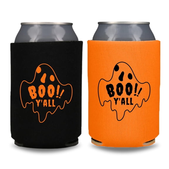 Boo Y'all Halloween Can Coolers, Funny Trick or Treat, Halloween Party Favors, Spooky Beer Hugger, Halloween Coolies (2Pack (1 Black, 1 Orange))
