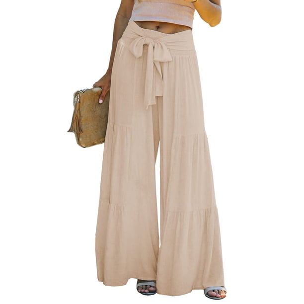 VISgogo Pantalones de pierna ancha para mujer, cintura alta, color sólido, con cordón, informal, para fiesta, club, pantalones sueltos VISgogo moda