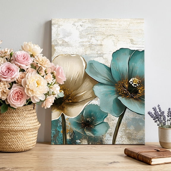 Retro Beige Teal Flowers Canvas Wall Art Framed Wall Decor for Living Room Bedroom Bathroom, Vintage Background Canvas Pictures Ready to Hang Decor, 8"x10"