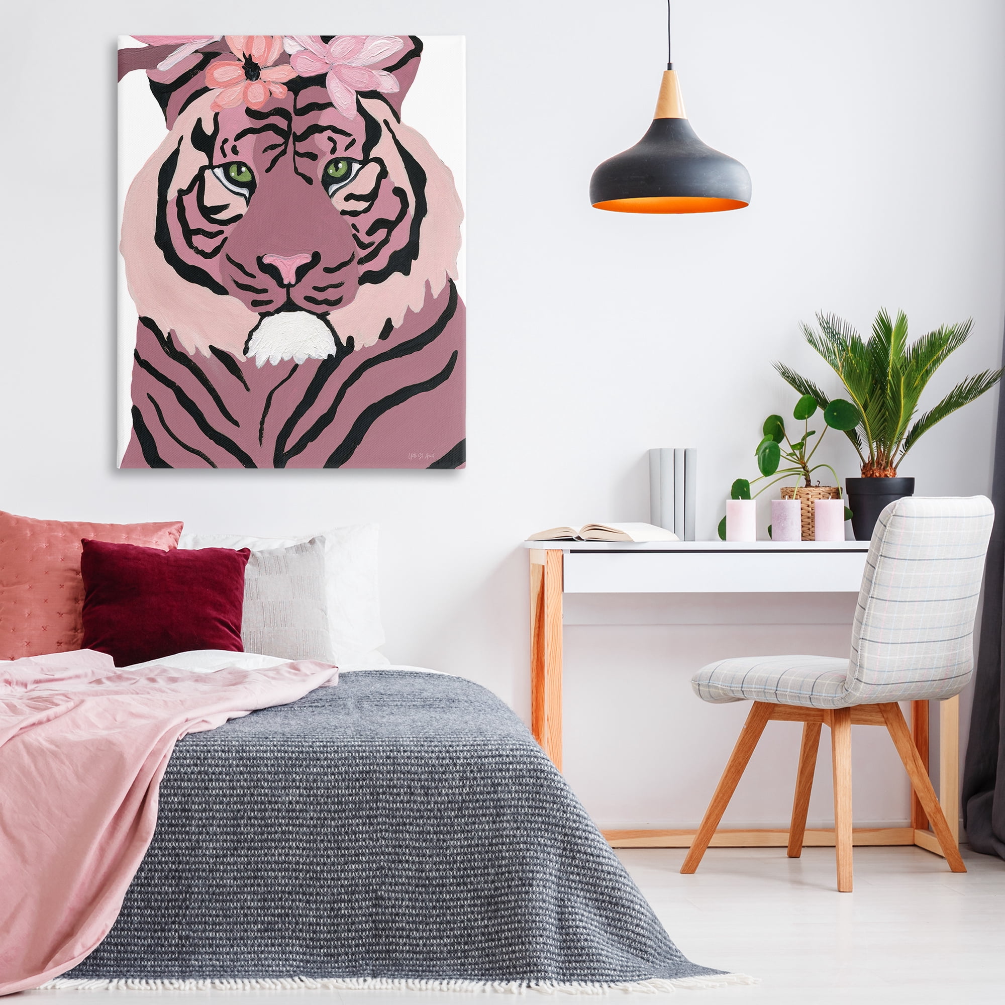 Stupell Industries Tiger with Pink Blooms Animals & Insects Painting Gallery Wrapped Canvas Art Print Wall Art, 36 x 48