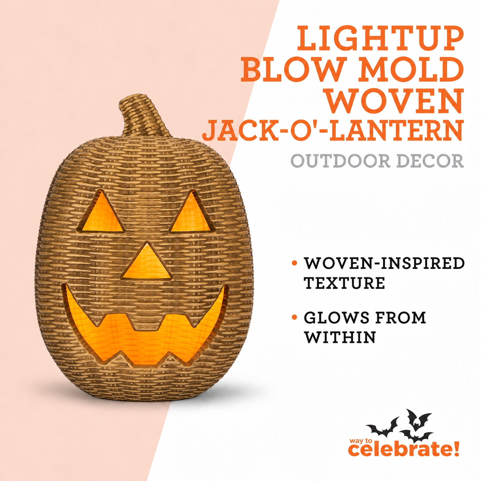 Light-Up Blow Mold Woven Jack-o'-Lantern Decoration, Brown, 12", Halloween by Way To Celebrate