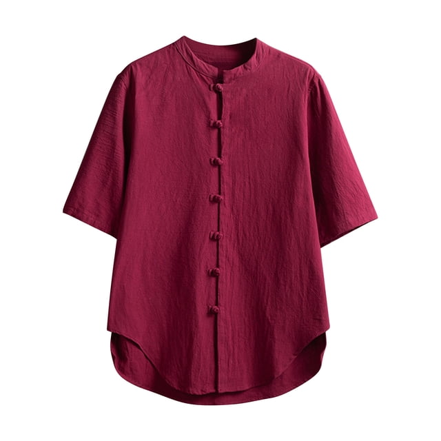 Camisas Para Hombre Manga Larga Camiseta de manga corta de algodón con cuello Retro para hombre, ropa Tang, placa con hebilla, camiseta informal de algodón transpirable Hanfu para hombre (Red, XL)