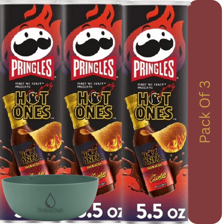Pringles Hot Ones Barbacoa Flavored Potato Crisps, Spicy Snack Chips, 5.5 oz Can With Olive Green Bowl By ValueNest