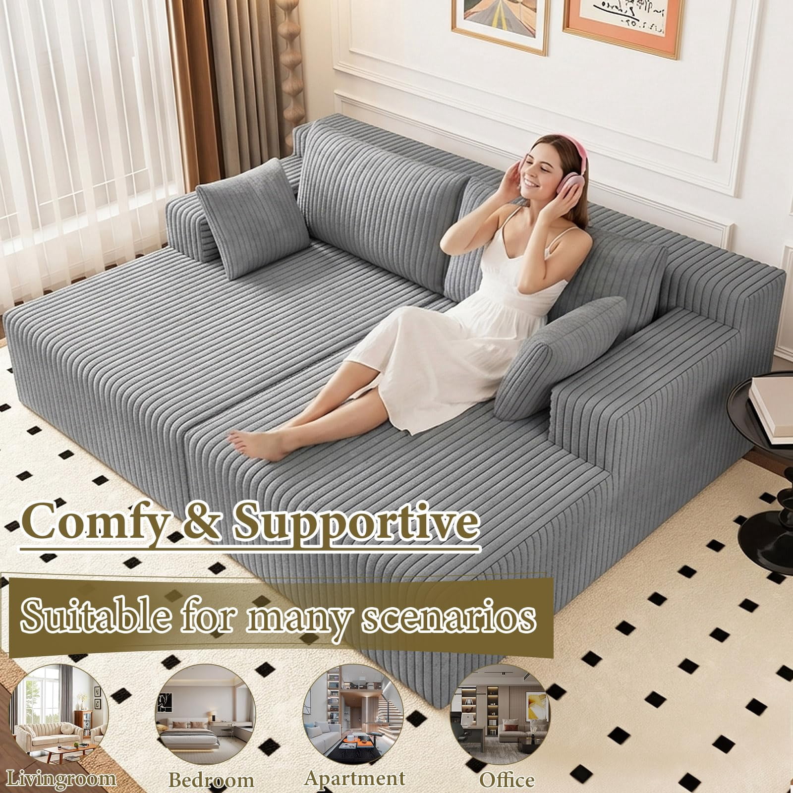 Aukfa 71" Oversized Double Chaise Lounge Indoor, Modular Boneless Cloud Couch Sleeper Loveseat, Deep Seat Corduroy Sofa Bed, No Assembly Required for Living Room Bedroom, Gray