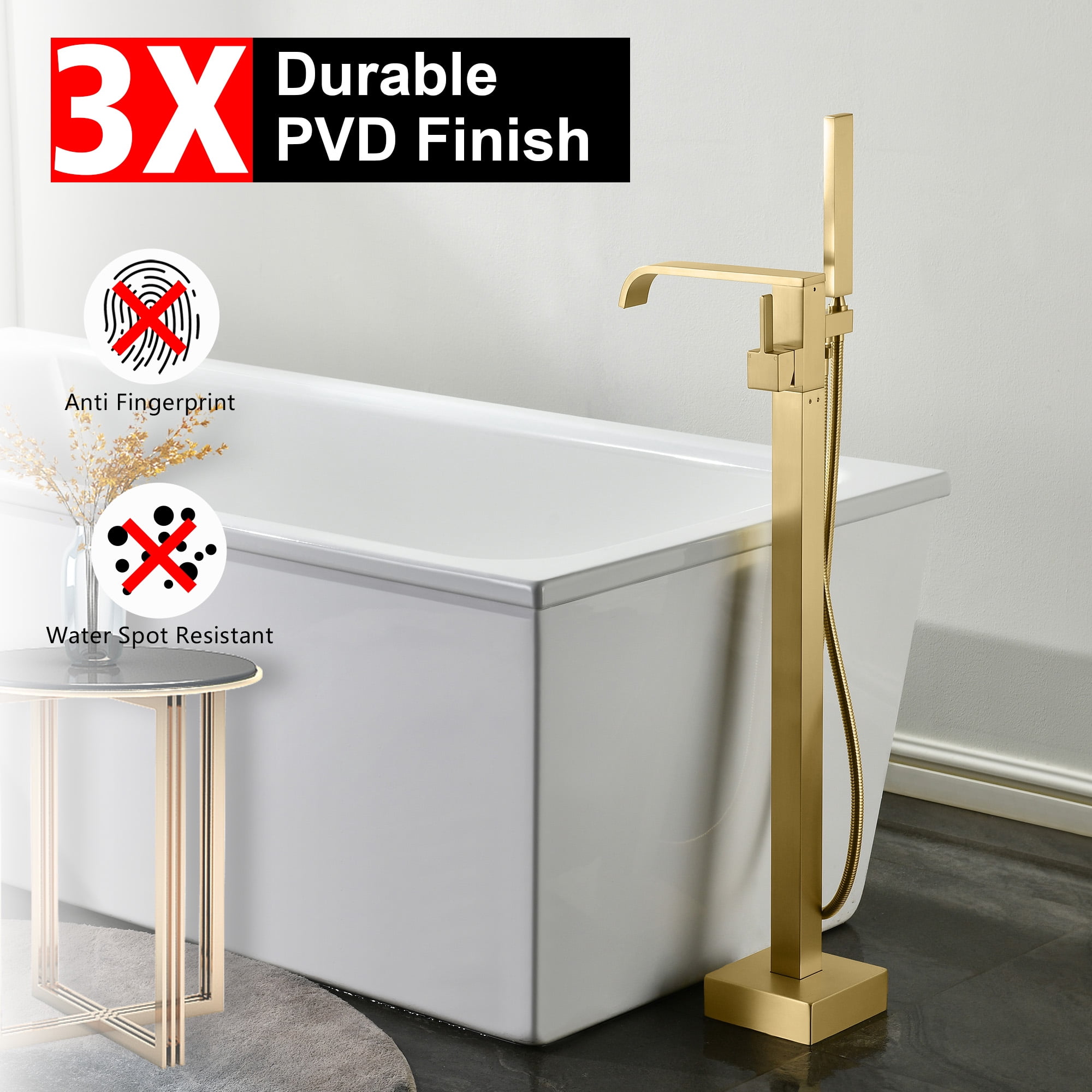 SUMERAIN Bathroom Freestanding Tub Filler Faucet, Brushed Gold Waterfall Floor Mount Bathtub Faucet with Hand Shower, High Flow