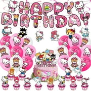 52 Pcs Hello Kitty Birthday Party Decorations - Cartoon Kitty Cat Birthday Party Supplies Favors for Boys Girls Include Banner, Cake Topper, Cupcake Toppers, Latex Balloons, Hanging Swrils