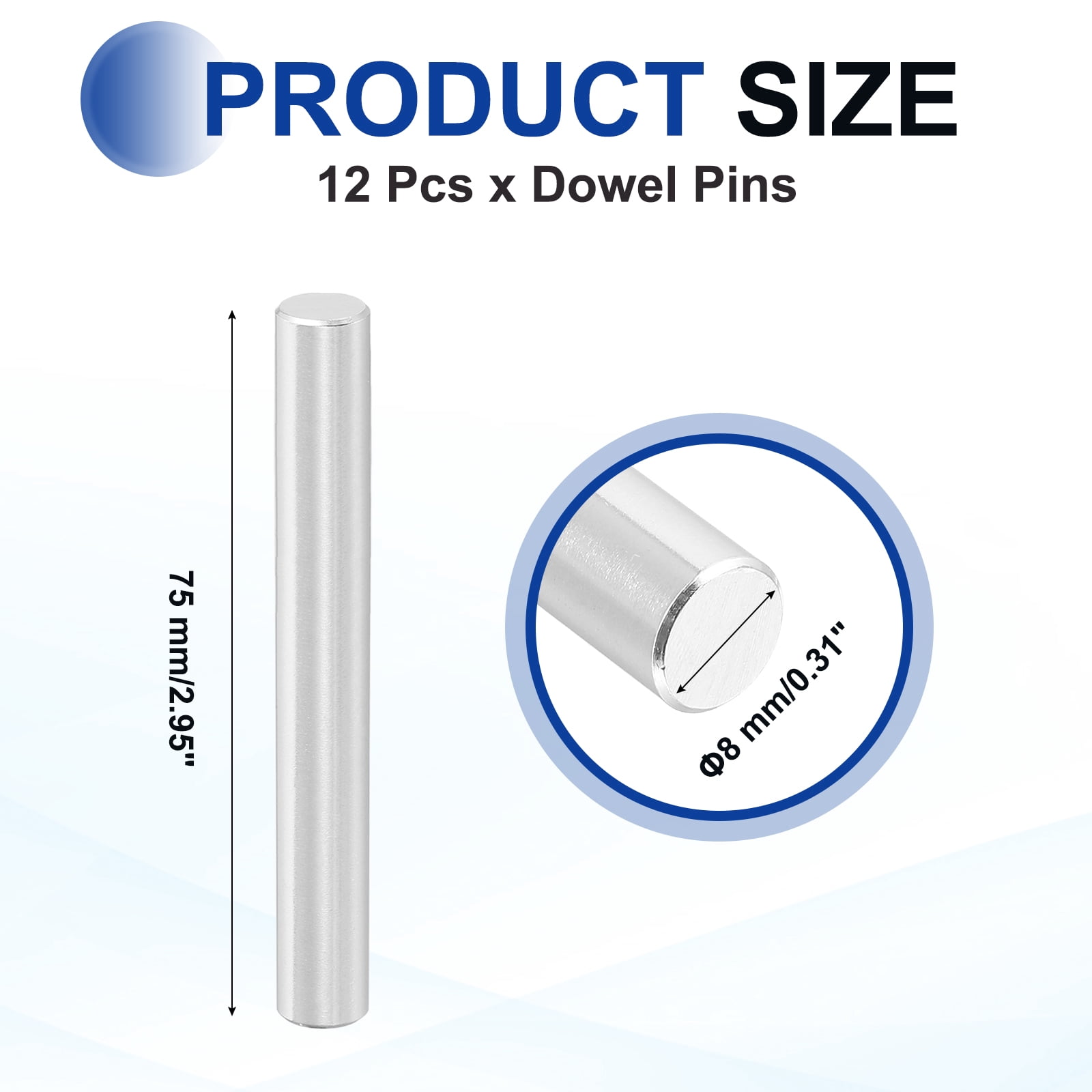 12 Pcs 8 x 75 mm 316 Stainless Steel Dowel Pins, Cylindrical Shelf Support Peg Pin, Silver Tone