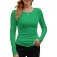 thumbnail image 1 of Womens Ribbed Long Sleeve Crewneck Casual Slim Basic Shirts Fitted Knit Tops Green S, 1 of 6